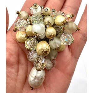 Vintage Signed Vendome Gold Tone Faux Pearls Glass Beads Cluster Brooch Pin